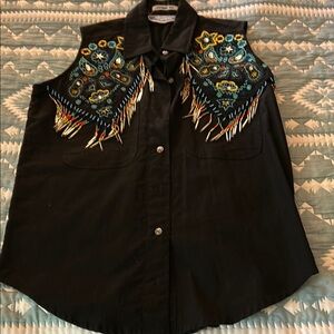 Black Sleeveless Shirt with Embroidered Fringe